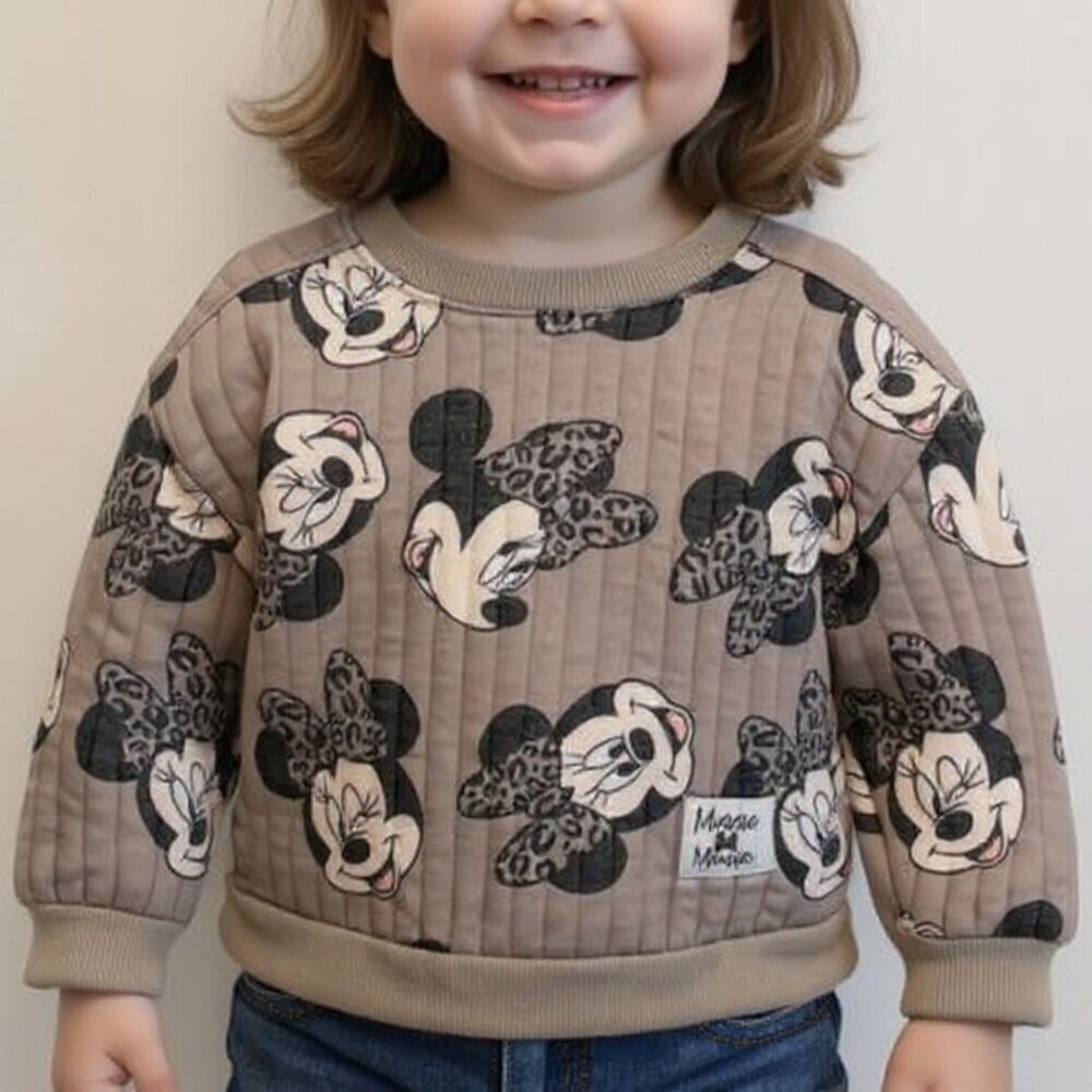 Disney Junior Minnie Mouse Quilted Sweater | Size 2T | Tan Leopard Print Graphic